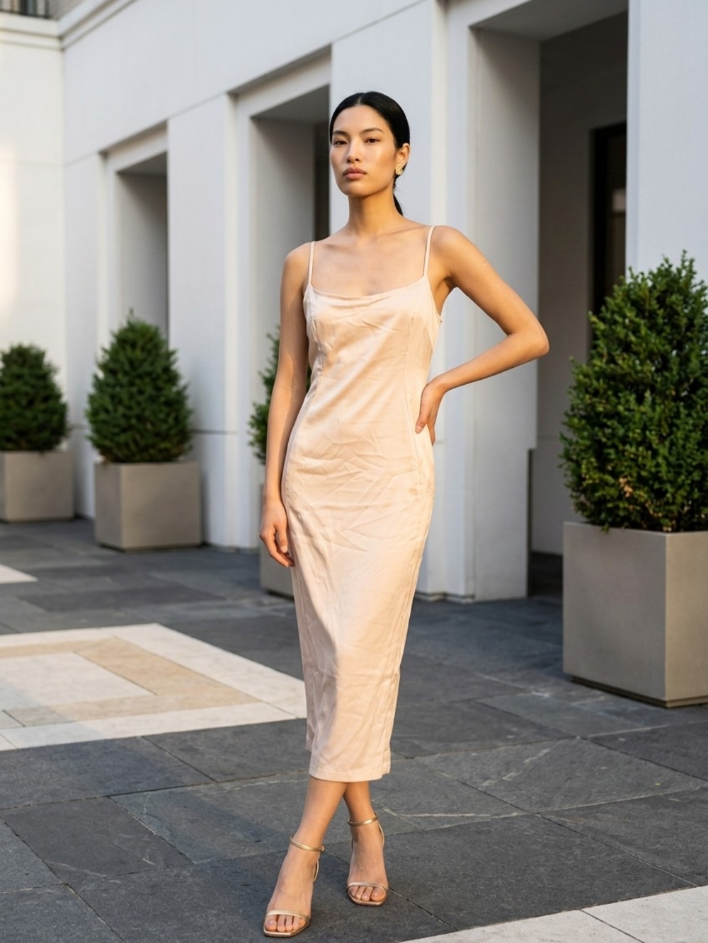 Fashion Nova Blush Satin Slip Midi Dress